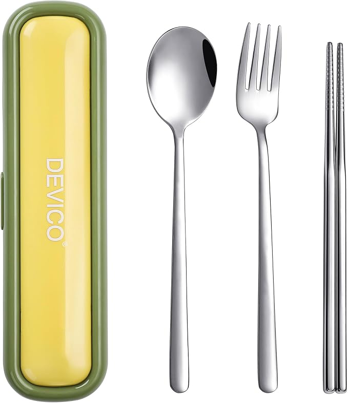 DEVICO Utensils for Lunch Box, Portabl Korean Chopsticks Fork and Spoon Set | 4Pcs 18/8 Stainless Steel Travel Silverware Set with Case, for Camping/School, for Kids/Adults, Dishwasher Safe, Green-Yellow