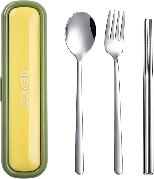 DEVICO Utensils for Lunch Box, Portabl Korean Chopsticks Fork and Spoon Set | 4Pcs 18/8 Stainless Steel Travel Silverware Set with Case, for Camping/School, for Kids/Adults, Dishwasher Safe, Green-Yellow