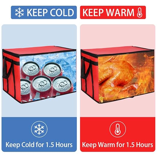 Insulated Food Delivery Bag with Hard Bottom, XXX-Large Insulated Reusable Grocery Cooler/Hot Bags, Tote Bag for Shopping/Travel, Red, 1-Pack
