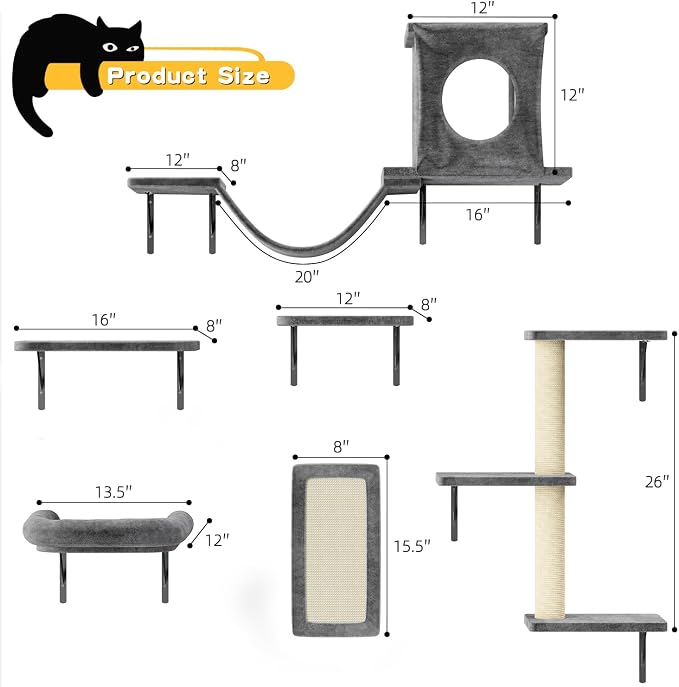 11-in-1 Cat Wall Shelves Cat Climbing Furniture with Wall Mounted Perch & Lounge for Indoor Cats, Space-Saving Cat Climbing Wall Systems, Dark Gray