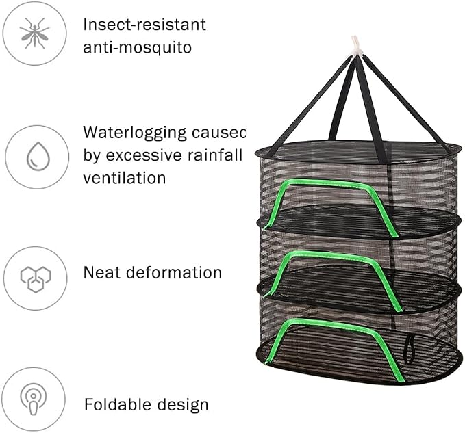 Foldable Drying Net for Vegetables, Fish, and Dehydrated Goods, Multi-Tiered Food Drying Net, Versatile Drying Rack, Windproof Design, Zipper Closure for Insect Protection 4Layer Black