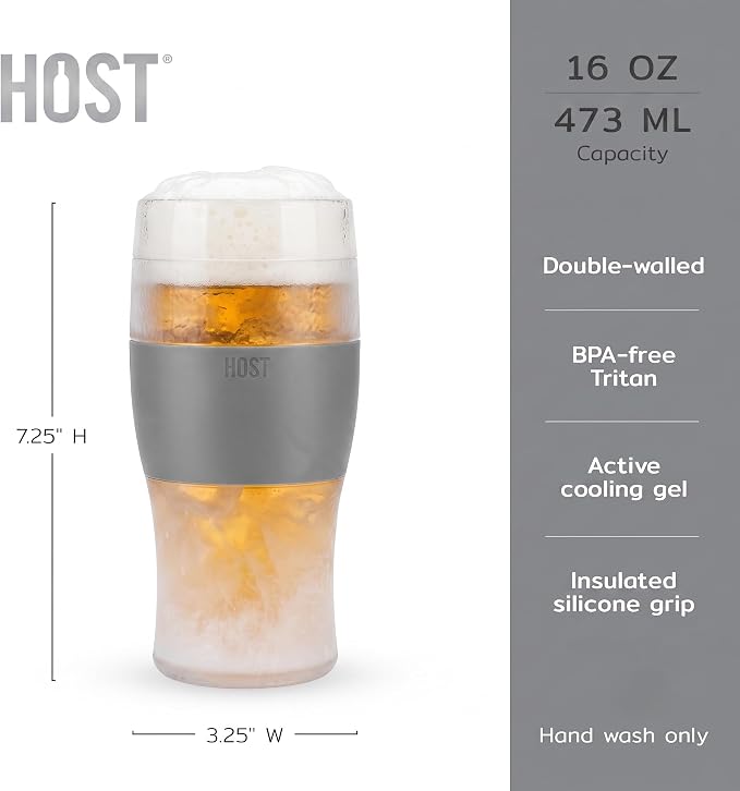 Host Freeze Beer Glasses, Freezable Beer Gifts for Men, Double Wall Insulated Pint Set, Tumbler for Cold Drinks, 16, Set of 2, Gray