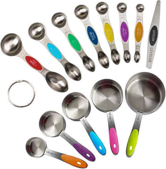 XSNBRD 13-Piece Magnetic Measuring Cups & Spoons Set | Stainless steel with silicone handles. Magnetic nesting for compact storage. Ideal for baking and cooking. Multicolor set.