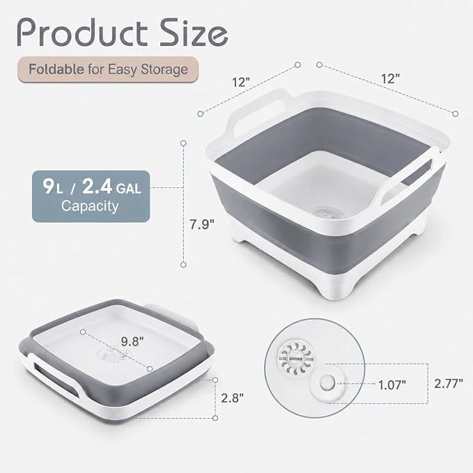 2.4 Gal(9L) Collapsible Dish Basin with Drain Plug, Space Saving Outdoor Multiuse Foldable Sink Tub, Dishpan, Kitchen Storage Tray for Camping, Vegetable Washing, RV (Gray)