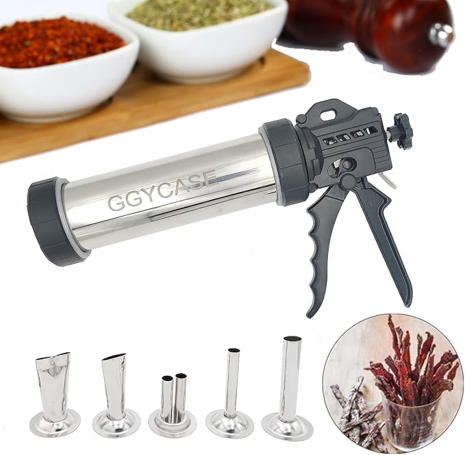 Large Capacity Stainless Steel Jerky Gun Kits, Sausage Stuffer Machine, Meat Gun, Beef Jerky Maker with 5 Stainless Nozzles 3 Brushes