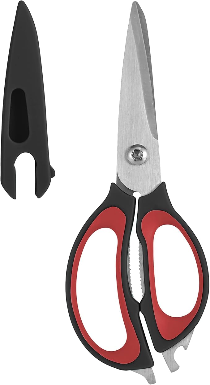 Farberware 4-In-1 Kitchen Shears 2-Piece - Multi-Purpose Design, Red | Heavy-Duty Stainless Steel Blades with Protective Sheath - Comfortable Soft-Grip Handles for Daily Kitchen Use