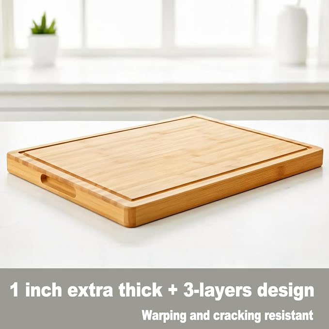Allsum Large Bamboo Wood Cutting Boards for Kitchen, 1" Extra Thick Butcher Block with Juice Grooves & Handles Resisting to Warping and Cracking, Fancy Charcuterie Boards, 17"L x 12.5"W