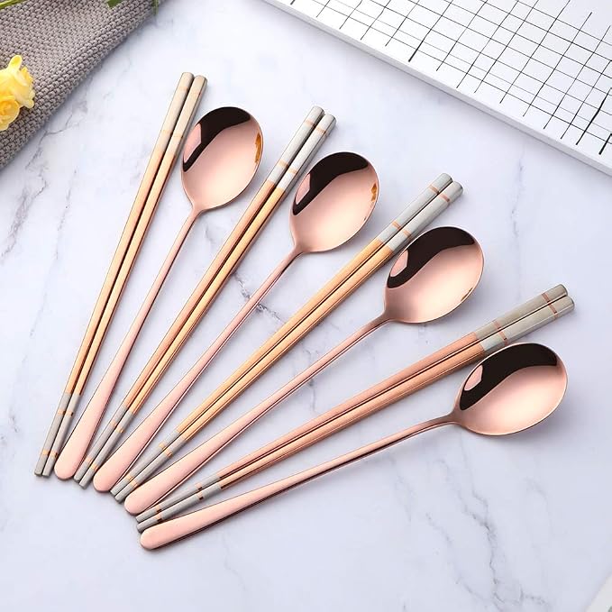 Buyer Star 4 Set Rose Gold Square Chopsticks and Spoons Set Metal Stainless Steel Spoons Chopsticks Set
