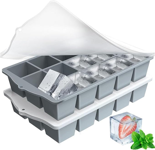 FANYITY Silicone Ice Cube Trays 2-Pack with Locks lids,Easy Release Ice Molds for Freezer,Perfect for Cocktails, Whiskey, Coffee