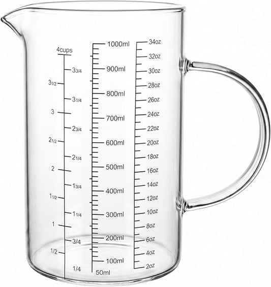 Graduated Glass Measuring Cup With Handle 1000ML (32Oz, 4Cups) | High Borosilicate Liquid Measuring Cup for Baking Cooking Kitchen V-Shaped Spout Glass Measuring Beaker Easy To Read
