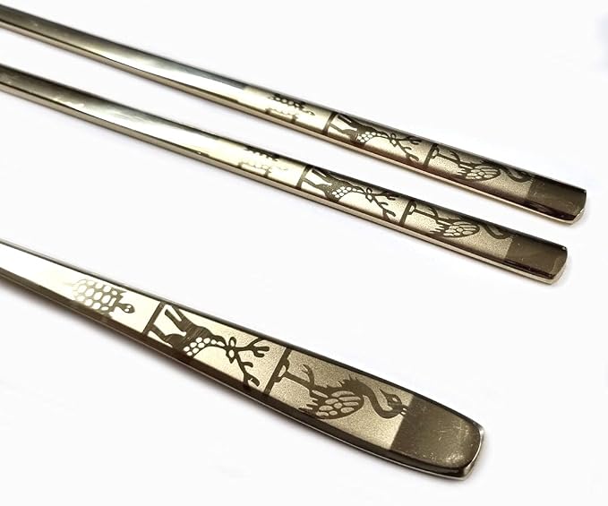 GARASANI Korean Traditional Spoon and Chopsticks Gold Titanium Plated Stainless Steel Cutlery (Gold Longevity)