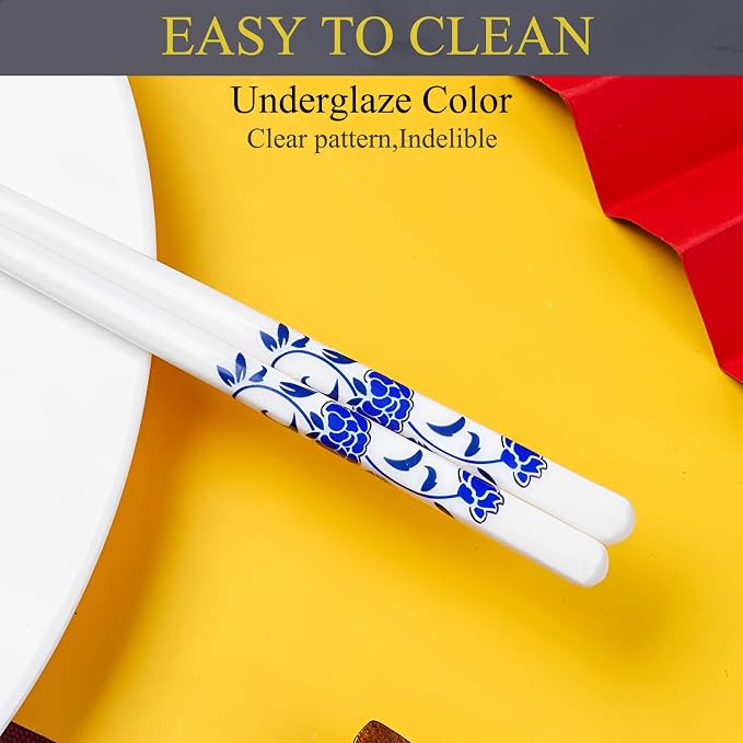 Ceramic Chopsticks Reusable with Porcelain Holder 2 Pairs Blue Rose | Delicate Box,Blue and White Porcelain,Gift set,Dishwasher Safe,Easy to clean,Cooking chopsticks