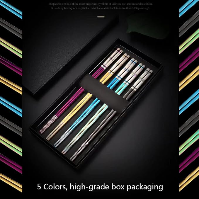 5 PaIrs Color 316 Stainless Steel 18/10 Reusable Chopsticks Set With Case Rainbow Multicolor Non-Slip Chopsticks Black Purple Gold Colored Blue For Dining Sushi Noodle Hot Pot,Dishwasher Safe