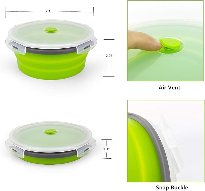 CCyanzi 1200ml Collapsible Camping Bowl Silicone Food Storage Container with Lid and Foldable Stainless Steel Fork Spoon, for Picnic, Travel, Camping, RV, Fridge and Microwave Bowls