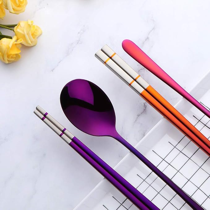 Buyer Star 4 color Square Chopsticks and Spoons Set Metal Stainless Steel Spoons Chopsticks Set