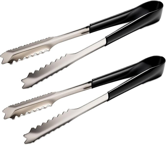 2 Pcs Stainless Steel Ice Tongs,6Inch Heat-Resistant Food Tongs with Black Silicone Handles - Ideal for Ice Cubes, Fruits, Milk Tea, Sugar Cubes, Home Kitchen Use