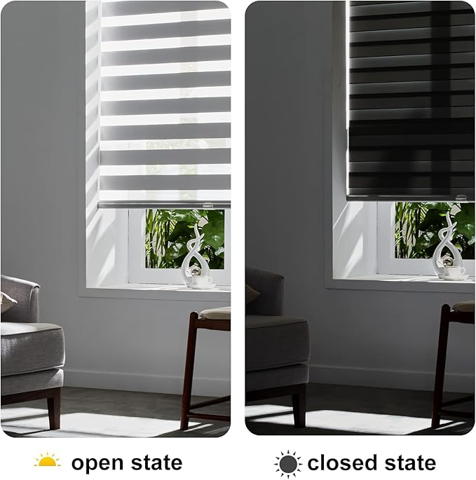 Persilux Cordless Zebra Blinds for Windows Free-Stop Roller Window Shades (22" W X 64" H, Grey) Dual Layer Light Control for Day and Night, Light Filtering Sheer Shades for Home, Easy to Install