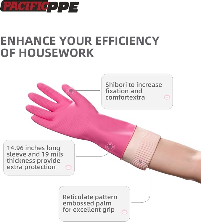 PACIFIC PPE 2 Pairs Reusable Rubber Gloves for Washing Dishes and Cleaning Tasks, Water Resistant Household Gloves for Kitchen Bathroom, Grippy Latex Dish Washing, Pink, Meidum