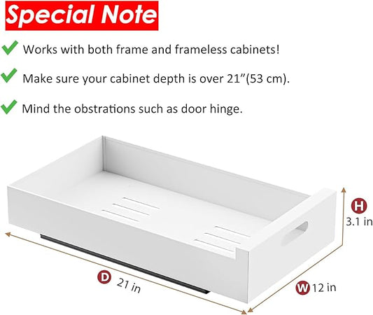 HBL' 2 Pack | 21" Deep Pull Out Cabinet Organizer Adhesive, 12-Inch Wide Sturdy Carbon Steel Roll-Out Drawers for Face Frame or Frameless Cabinets,Slide-Out Shelves for Pantry.