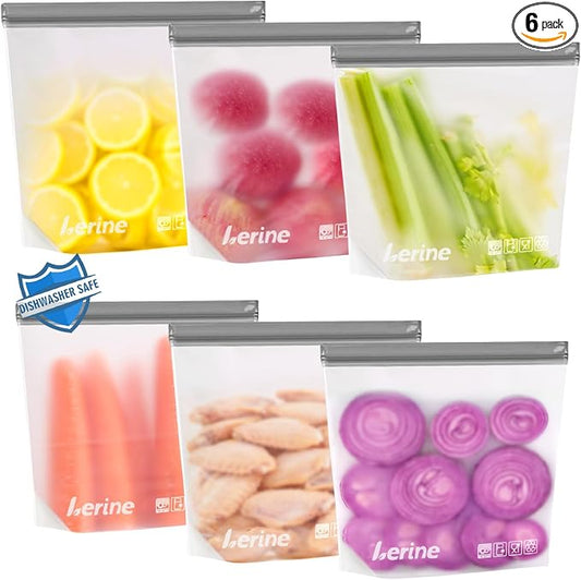 Lerine Reusable Gallon Freezer Bags Stand Up, Dishwasher Safe, 6 Pack, Gray | Leakproof, double seal closure, food-grade material, BPA-free for meat, vegetables, bread and travel