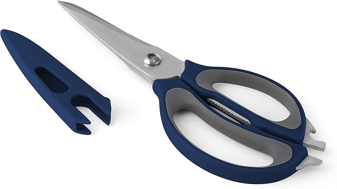 Farberware 4-in-1 Kitchen Scissors, Multi-Function Kitchen Shears with Jar Opener, Bottle Opener and Screwdriver, High-Carbon Stainless Steel Blades, Navy and Grey Ergonomic Handles with Sheath