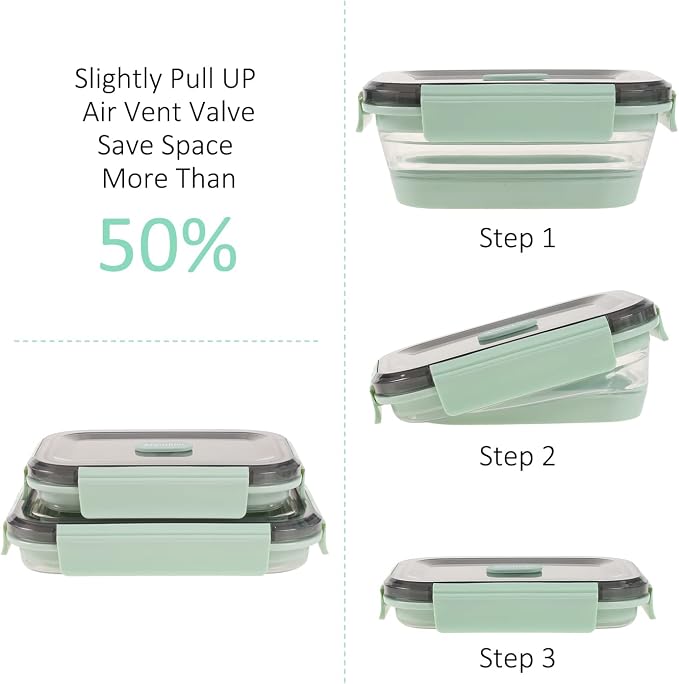 Collapsible Food Storage Containers with Lid & Air Vent, Clear Stacking Silicone Collapsible Food Container Set, Microwave Freezer Dishwasher Safe Space-Saver, Set of 4, Mint Green