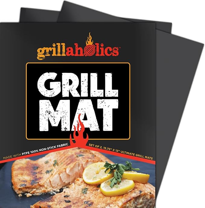 Grillaholics Reusable Non-Stick Grill Mats for Outdoor Grill | Set of 2 | Rated to 500°F | Doubles as Baking Mat & Oven Liner | Dishwasher Safe
