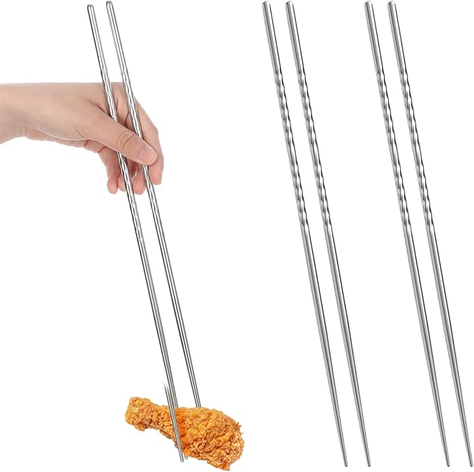 2Pcs Extra Long Cooking Chopstick 15.3" Metal Cooking Chopsticks | 304 Stainless Steel, Deep Frying, Non-Slip Thread, Reusable for Hot Pot and Noodle, Dishwasher Safe