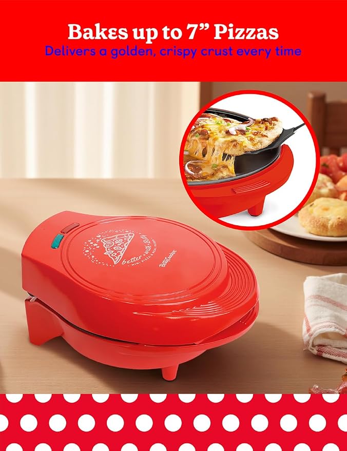 Betty Crocker 7.5" Mini Pizza & Meal Maker, 1000W Indoor Electric Grill, Nonstick Pan for Pizzas, Quesadillas, Nachos and more, Personal Pizza Machine for Delicious Meals and Snacks, BC-5962RC, Red