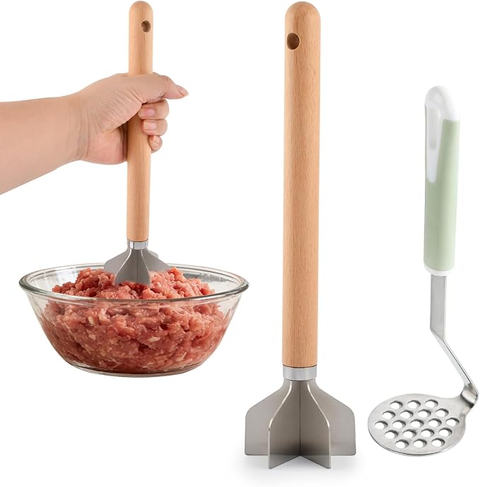 Stainless Steel Meat Chopper with Potato Masher, Kitchen Gadgets 4-Blade Ground Beef Chopper Potato Masher Hamburger Smasher Tool for Meat Vegetables Avocado Potatoes Beans(COLOR:Silver)