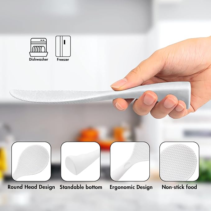 Silicone Standing Rice Spatula with Non-Stick Paddle, Heat Resistant Rice Cooker Spoon, Serving Spoon for Grains (White)