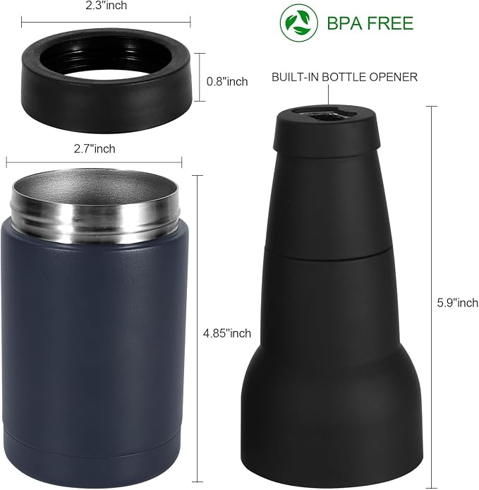 12oz Vacuum Insulated Can Holder with Double Walled Stainless Steel | Beer Soda Can Cooler with Beer Opener, 3 in 1 Beer Bottle Insulators Holder Ice Cold for Hours Beer Lovers - Navy Blue