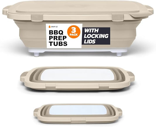 Drip EZ Collapsible BBQ Prep Tubs 3-Piece Set - For Meal Prep Marinating Food Storage - Includes Cutting Board & Lid - (1) JR + (1) OG + (1) XL - Sandstone