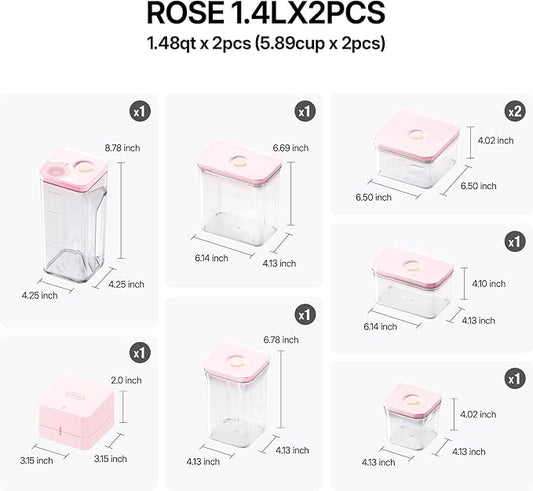 VAKUEN Premium Airtight Food Storage Containers ROSE 8P/SET, 6pcs Container, 1pcs Water Pitcher and Vacuum Sealer. Patented Double Silicone Lining, 100% Leak Proof, BPA-FREE