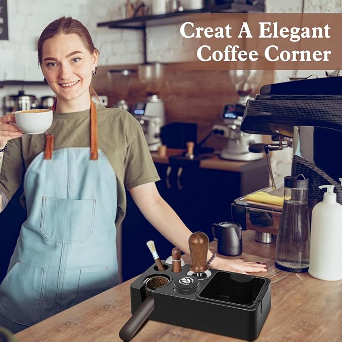 Y-Step Espresso Knock Box, 8 in 1 Espresso Tamping Station ABS Coffee Tamper Station Base Espresso Accessories Organizer Box for Storage 51-58MM Espresso Tamper, Distributor, Portafilter & Puck Screen