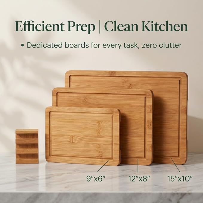 3-Piece Deep Carbonized Bamboo Cutting Board Set with Vertical Drying Stand | Wooden Chopping Boards for Kitchen | Extra Deep Juice Grooves & Easy-Carry Side Handles | Gift-Ready