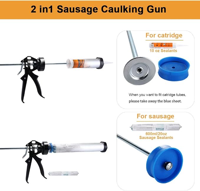 Sealant Sausage Caulking Gun with Aluminum Cartridge 600ml/20oz - 12:1 Thrust Ratio (Silver)