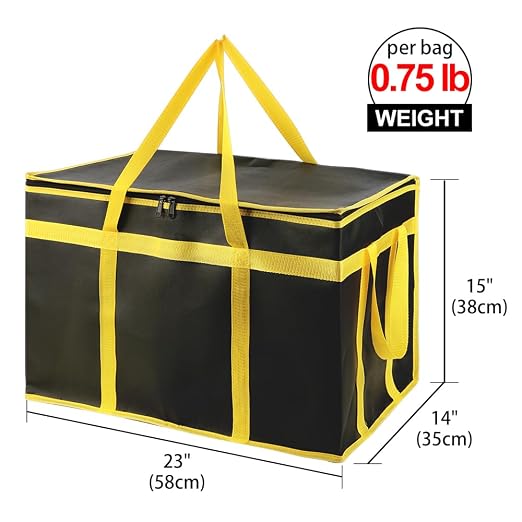 Bodaon Insulated Food Delivery Bag, XXXL Grocery Bags, Black-Yellow, 1Pk | Pizza Delivery Bags for Hot and Cold Food, Commercial, Large Capacity Reusable Warming Bag, Catering Cooler Bag for Rideshare