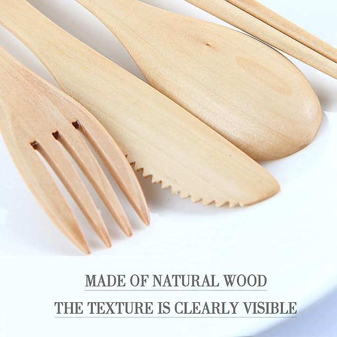 IQCWOOD Wooden Cutlery Set, 4 PCS Spoon Chopsticks Fork Knife for Eating | Wooden Utensils Sets Portable Reusable Flatware Set with Carrying Case for Travel and Camping
