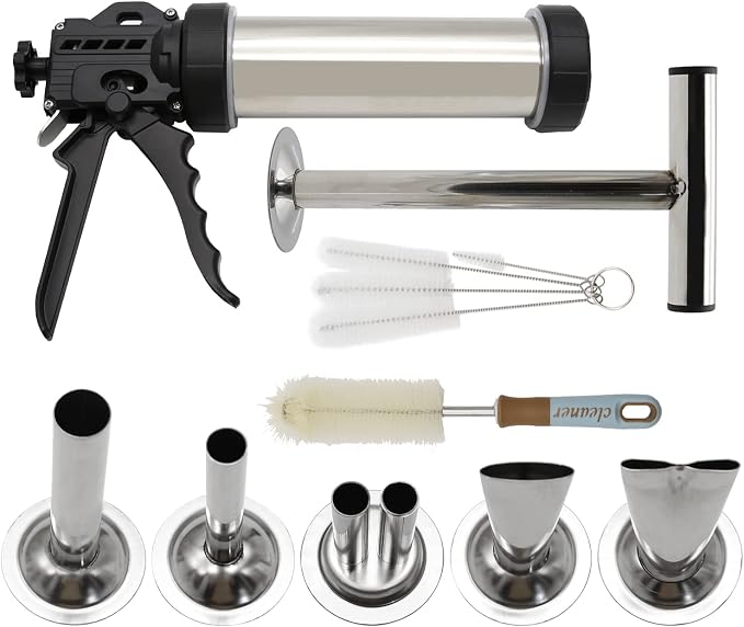 Hoypeyfiy Stainless Steel Jerky Gun Kit, Beef Jerky Maker Gun for Ground Meat, Manual Sausage Stuffer and Salami Maker with 5 Stainless Steel Nozzles, Meat Pusher and Cleaning Brushes
