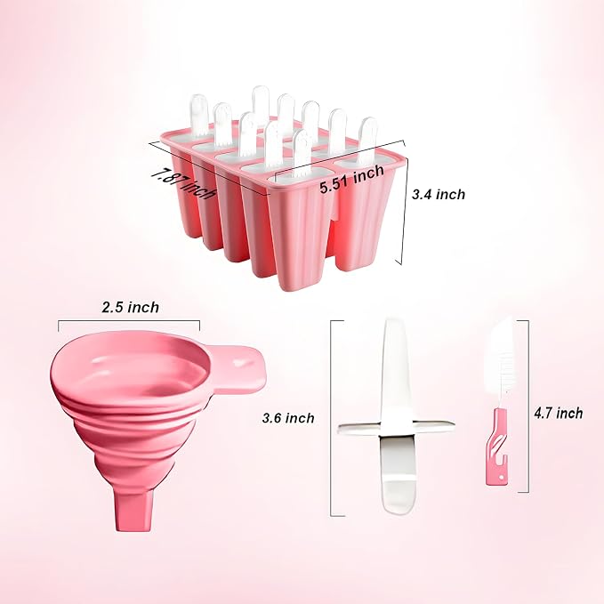 Silicone Popsicle Molds 10 Pcs Ice Pop Maker Molds with 10 Reusable Sticks, Cleaning Brush and Funnel - Homemade Easy-Release Reusable Popsicle Moulds Shapes (Pink)