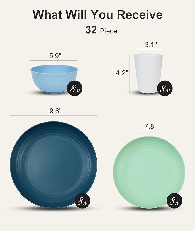Quatish 32 Piece Plates and Bowls Sets for 8, Unbreakable Dinnerware Sets, Dish Set for Camping, Dishwasher & Microwave Safe, Outdoor Kitchen and Apartment Dorm Dinning RV Essentials, Blue