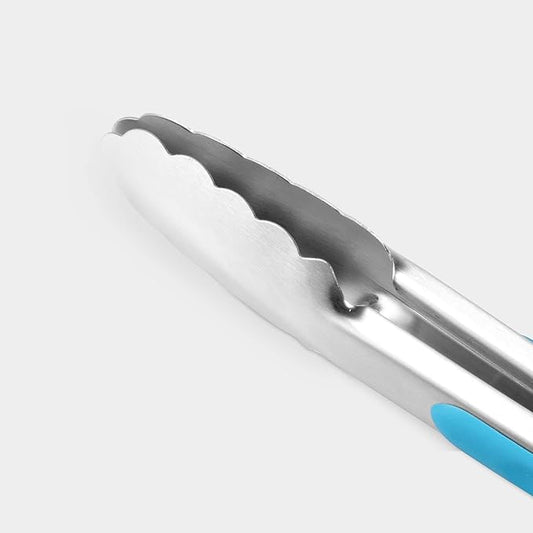 304 Stainless Steel Kitchen Cooking Tongs,9" and 12" Set of 4 Sturdy Grilling Barbeque Brushed Locking Food Tongs with Ergonomic Grip, Blue