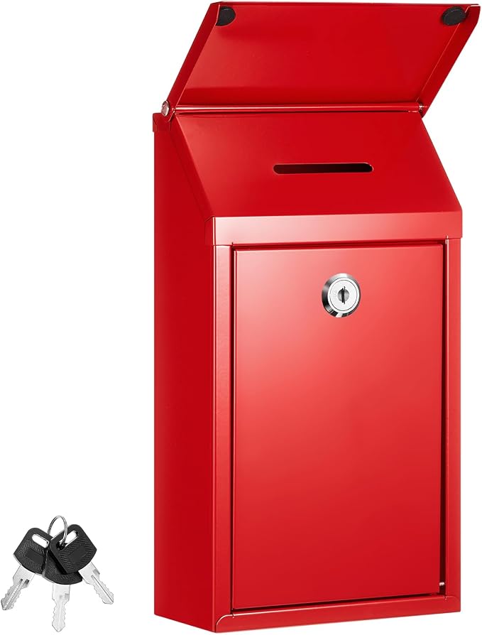 Yaocom Metal Money Box,Red,10.24 x 5.71 x 2.95 Inch,with Lid | Wall Mounted Drop Donation Cash Box for Farm Stand Collection Safe Suggestion Box with Lock Container for Home Office Outdoor