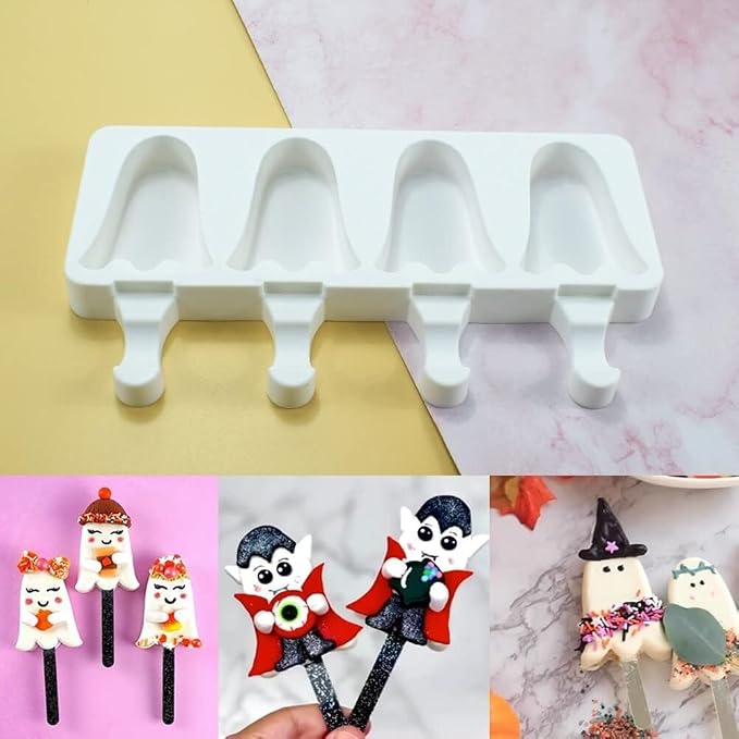 Cute Halloween Ghost Shaped Popsicle Mold Silicone 4 Cavities Ice Pop Molds for Kids Adults Reusable Ice Cream Mold Cake Pop Molds Silicone Popsicle Molds Cake Cakesicle Mold for DIY Ice Pops D