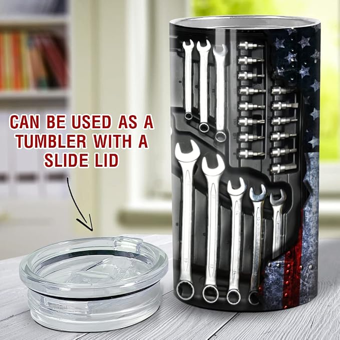 SANDJEST Mechanics Tumbler Mechanic Dad Tool Box 4 in 1 12oz Can Cooler Coozie Skinny Stainless Steel Tumbler for Daddy Father Papa Birthday