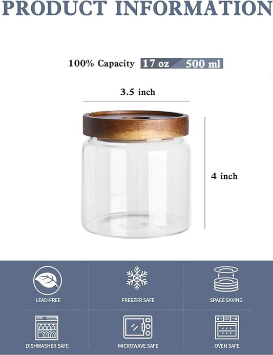 Kanwone Glass Storage Jars Set of 6, 17 Ounce Airtight Food Storage Containers with Bamboo lids, Clear Glass Canisters for Pantry, kitchen, Flour, Sugar, Tea, Coffee, Snack, Spice and Herbs