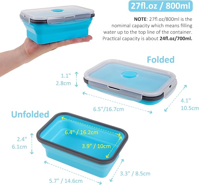 Collapsible Food Storage Containers with Airtight Lid & Vent Valve, 27 oz, Annaklin Kitchen Stacking Silicone Collapsible Meal Prep Container Set for Leftover, Microwave Freezer Safe, Blue, Set of 4
