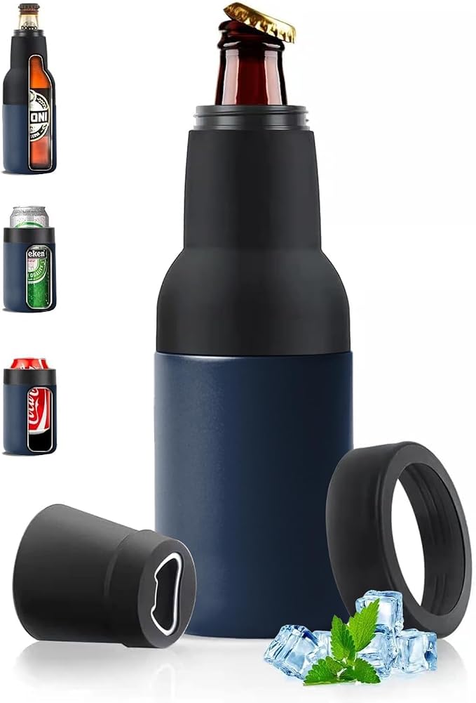 Stepstall 14 oz Beer Bottle and Can Cooler with Beer Opener, Navy Blue | 3 in 1, Slim Can Beer Bottle Insulators Holder, Stainless Steel Double Walled Insulated, For Beer, Soda