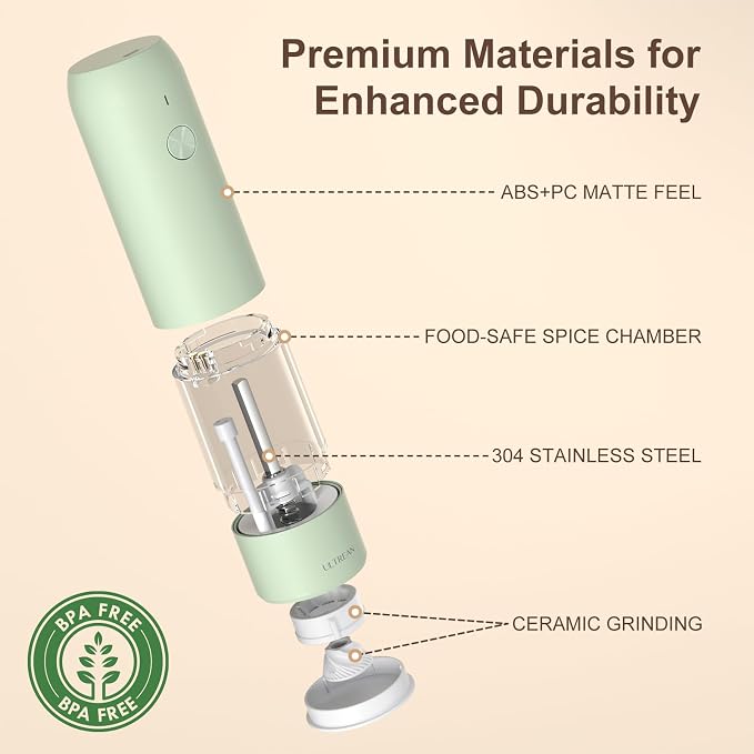 Ultrean Pepper Grinder, Rechargeable Salt and Pepper Grinder with 6 Adjustable Coarseness, LED Light, One-Hand Automatic Operation, Green